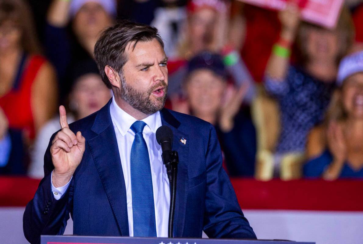 Republican vice presidential nominee Sen. JD Vance speaks to supporters at Treasure Island on W ...