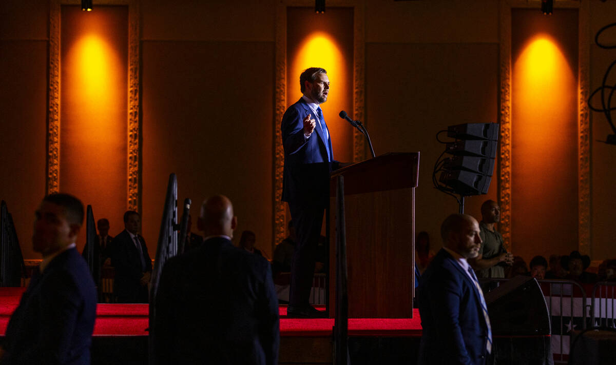 Republican vice presidential nominee Sen. JD Vance speaks to supporters at Treasure Island on W ...