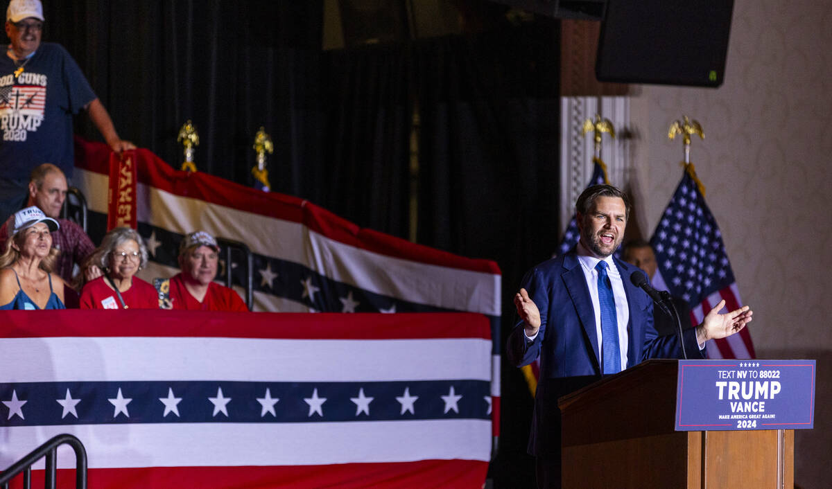 Republican vice presidential nominee Sen. JD Vance speaks to supporters at Treasure Island on W ...