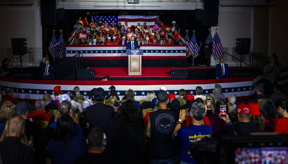 Republican vice presidential nominee Sen. JD Vance speaks to supporters at Treasure Island on W ...