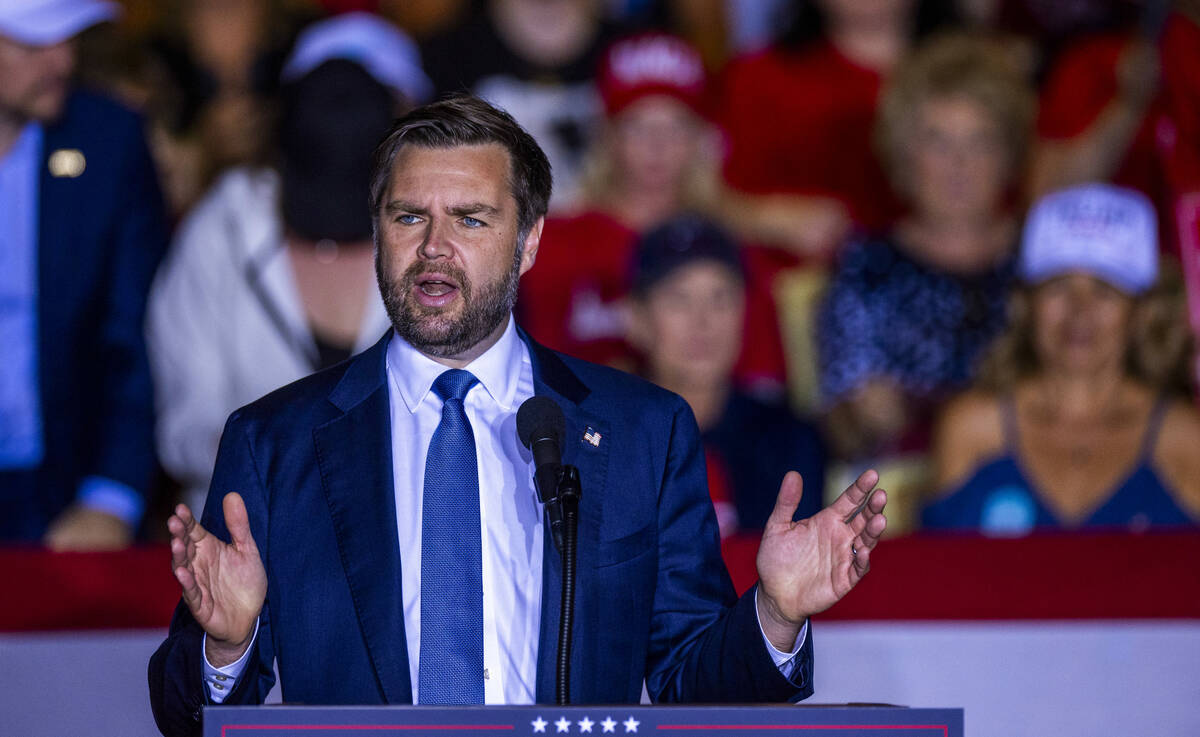 Republican vice presidential nominee Sen. JD Vance speaks to supporters at Treasure Island on W ...