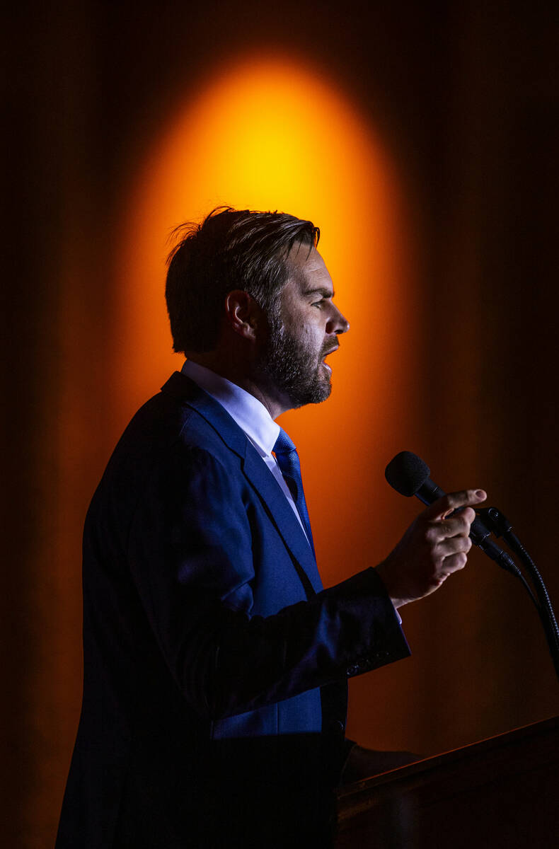 Republican vice presidential nominee Sen. J.D. Vance speaks to supporters at Treasure Island on ...