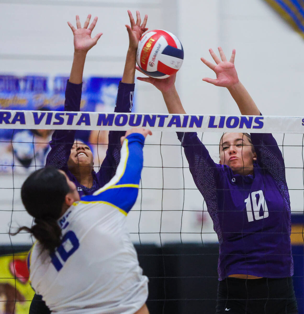 Durango middle blocker Jalynn Edwards (10) tries to block a hit by Sierra vista outside hitter ...