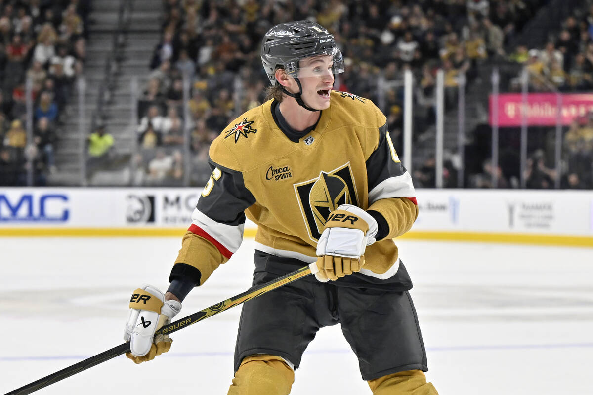 Vegas Golden Knights defenseman Kaedan Korczak (6) skates against the Los Angeles Kings during ...