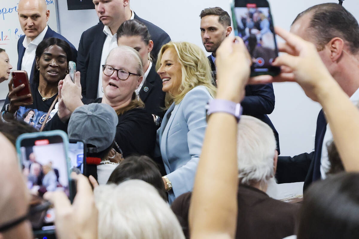 First lady Jill Biden greets audience members one-on-one following her speech at a Biden-Harris ...