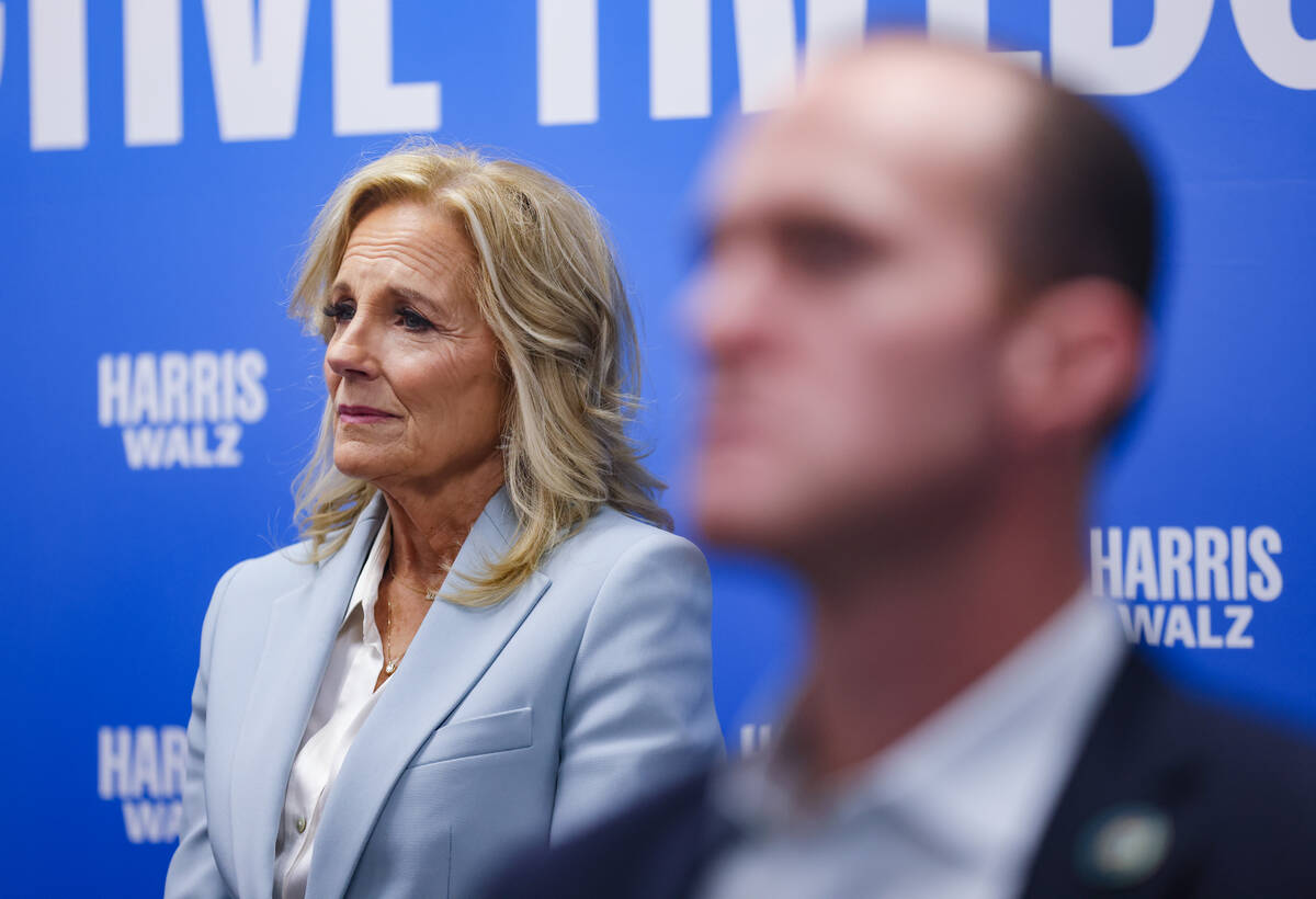 First lady Jill Biden listens to speaker Padma Lakshmi at a Biden-Harris campaign event at one ...