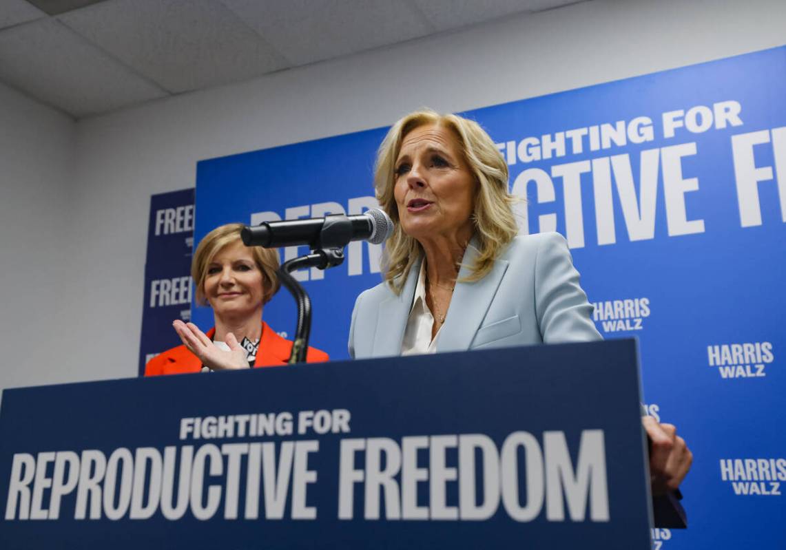 First lady Jill Biden addresses the audience at a Biden-Harris campaign event at one of the cam ...