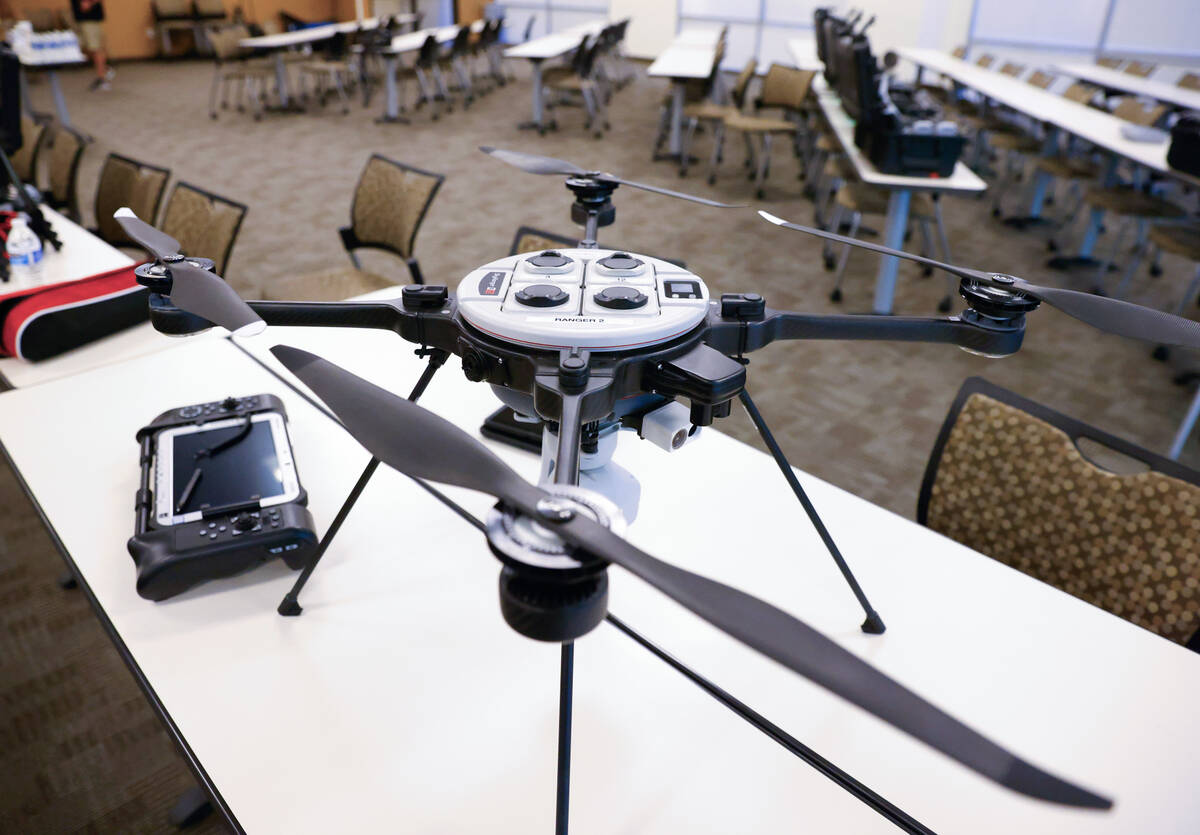 SKY Ranger R70, a gas powered drone, is displayed before a drone demonstration at Metro headqua ...