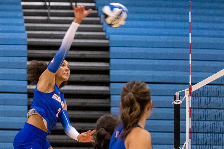 Bishop Gorman junior Ayanna Watson (8) spikes the ball during the volleyball match against Foot ...