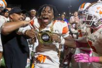 Mojave senior Arthur AJ Williams (2) celebrates receiving the Raiders Showcase Most Outstanding ...