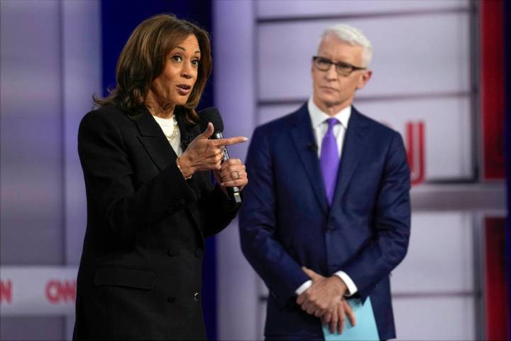 Democratic presidential nominee Vice President Kamala Harris speaks during a CNN town hall in A ...