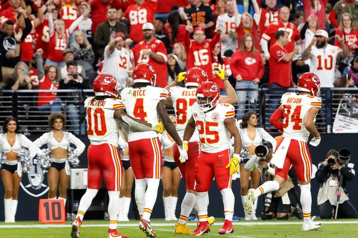 Kansas City Chiefs fans cheer as wide receiver Rashee Rice (4) celebrates with his teammates af ...