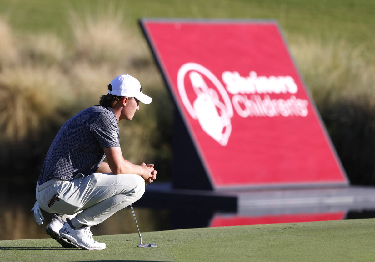 Maverick McNealy of Las Vegas checks his line at green No.18 during the third round of the Shri ...