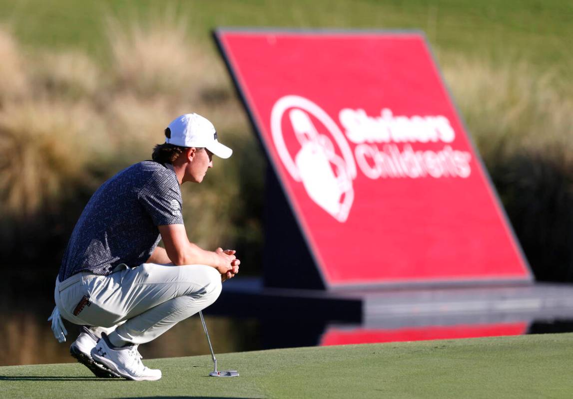 Maverick McNealy of Las Vegas checks his line at green No.18 during the third round of the Shri ...