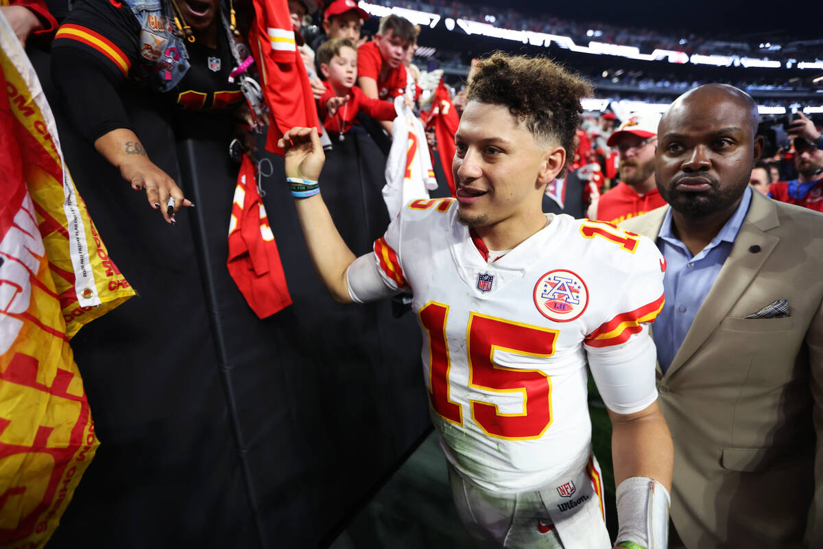 Kansas City Chiefs quarterback Patrick Mahomes (15) leaves the field following a NFL football g ...