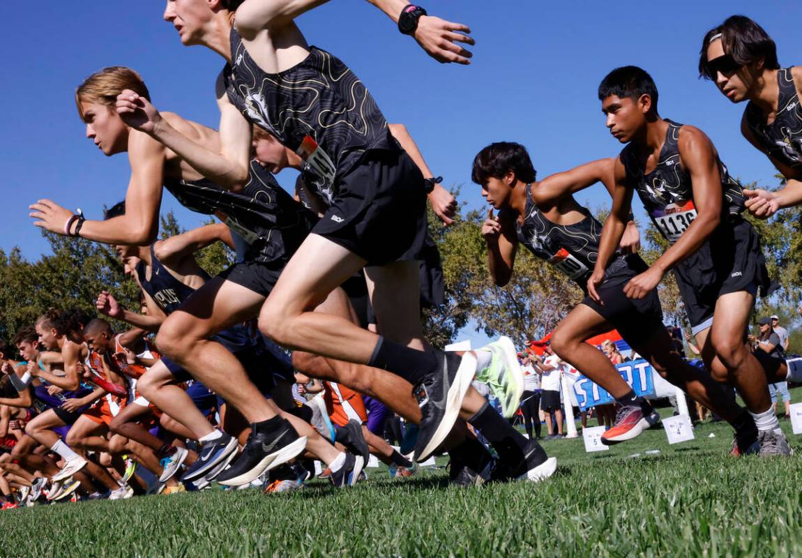 Runners of the 4A Mountain boys cross country meet take off at Veterans Memorial Park, on Frida ...