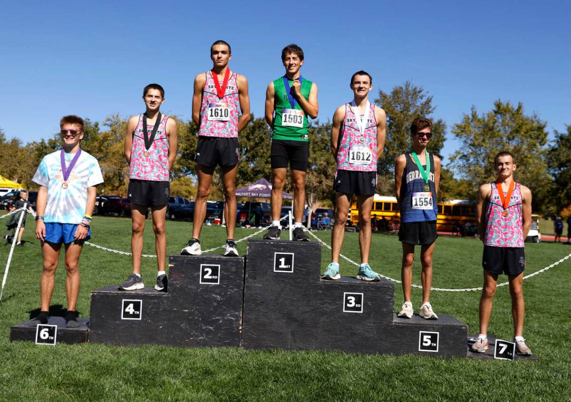 (Left to right) The 4A Desert boys cross country region meet winners Allen Gibson of Basic, Rya ...