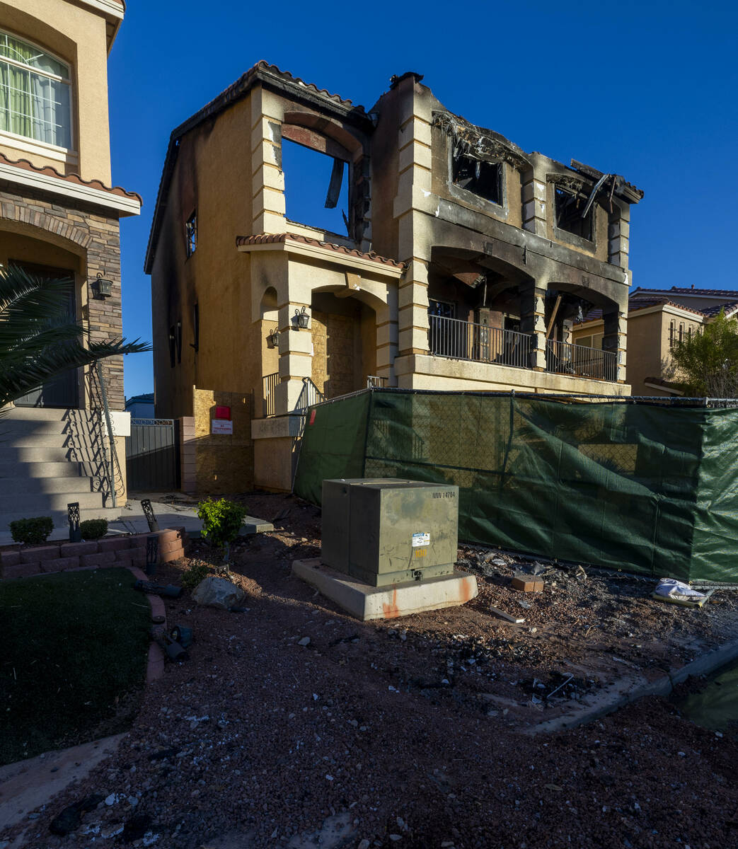 Exterior of fatal house fire at 8332 Langhorne Creek Street on Friday, Oct. 25, 2024, in Las Ve ...