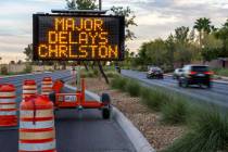 Signage on S. Hualapai Way southbound warning of major delays the next week along W. Charleston ...