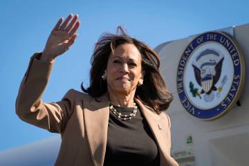 Democratic presidential nominee Vice President Kamala Harris Vice waves as she boards Air Force ...