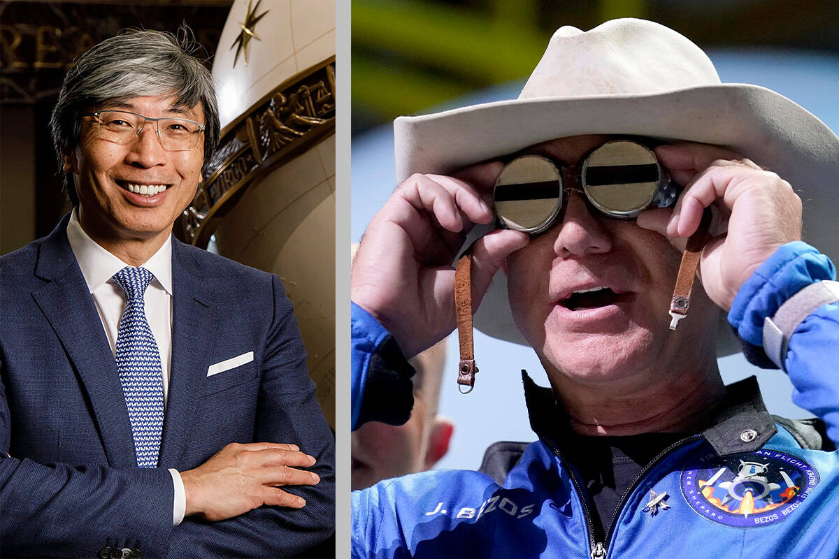 Patrick Soon-Shiong, left, the owner of the Los Angeles Times, and Jeff Bezos, publisher of The ...