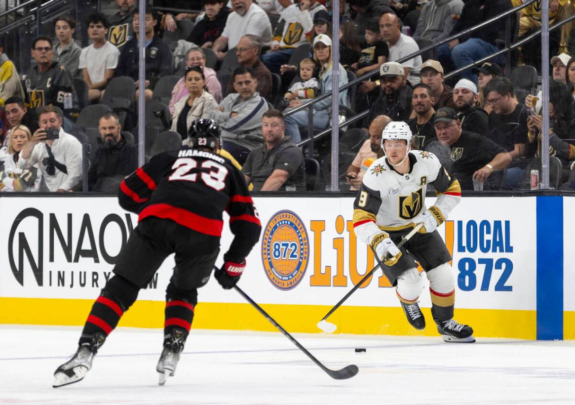 Golden Knights center Jack Eichel (9) skates with the puck during the third period of the NHL h ...