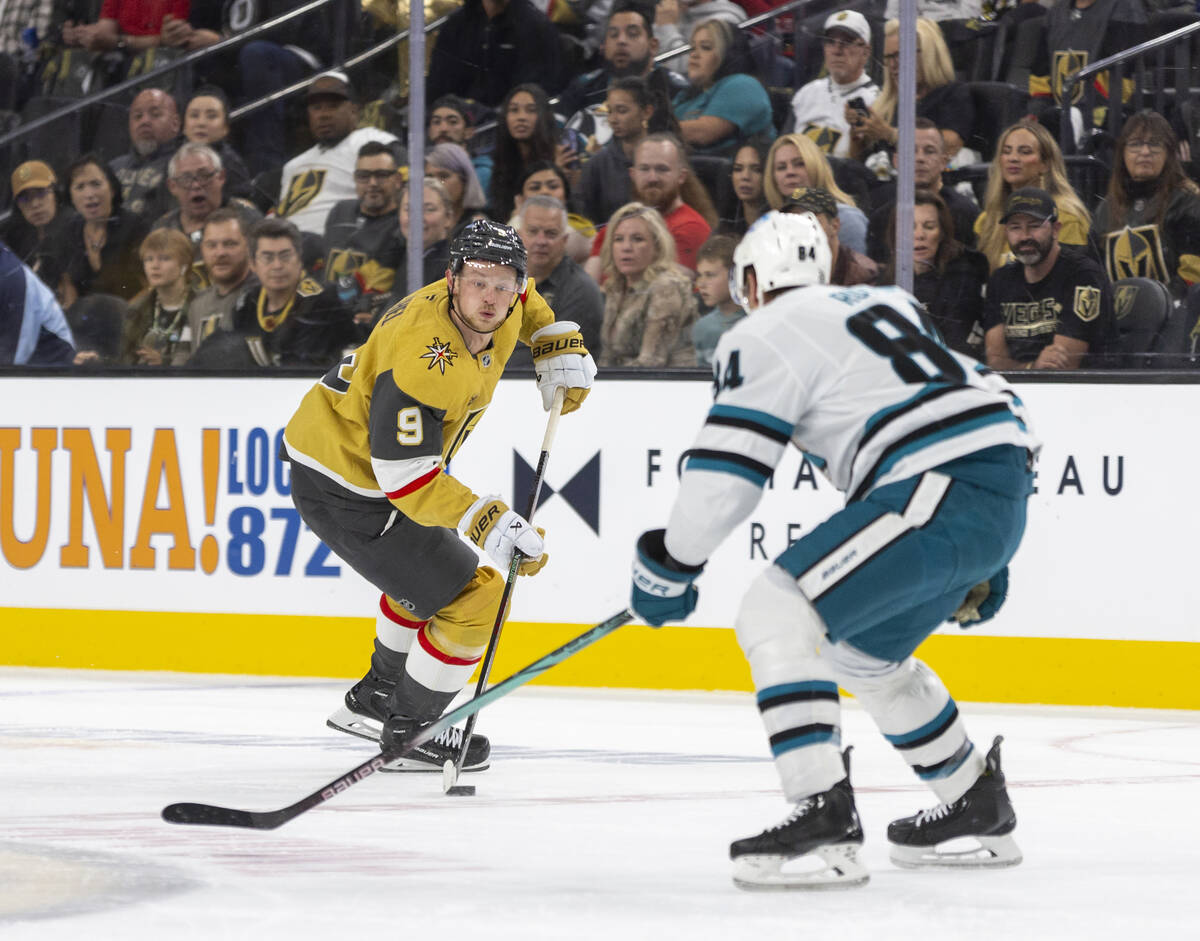 Golden Knights center Jack Eichel (9) skates with the puck during the first period of the NHL h ...