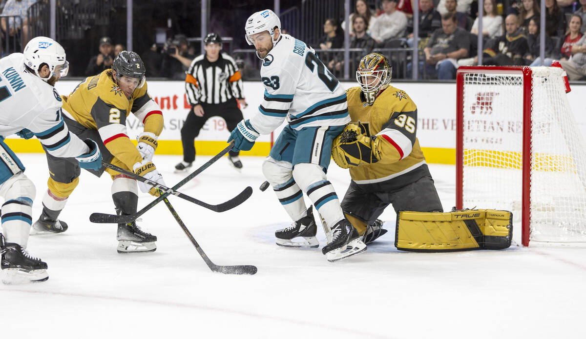 Golden Knights goaltender Ilya Samsonov (35) looks to block a shot during the second period of ...