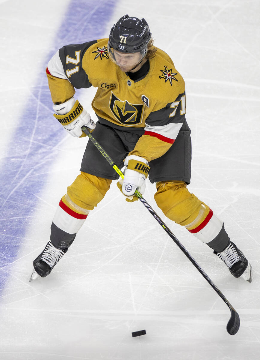 Golden Knights center William Karlsson (71) skates with the puck during the third period of the ...