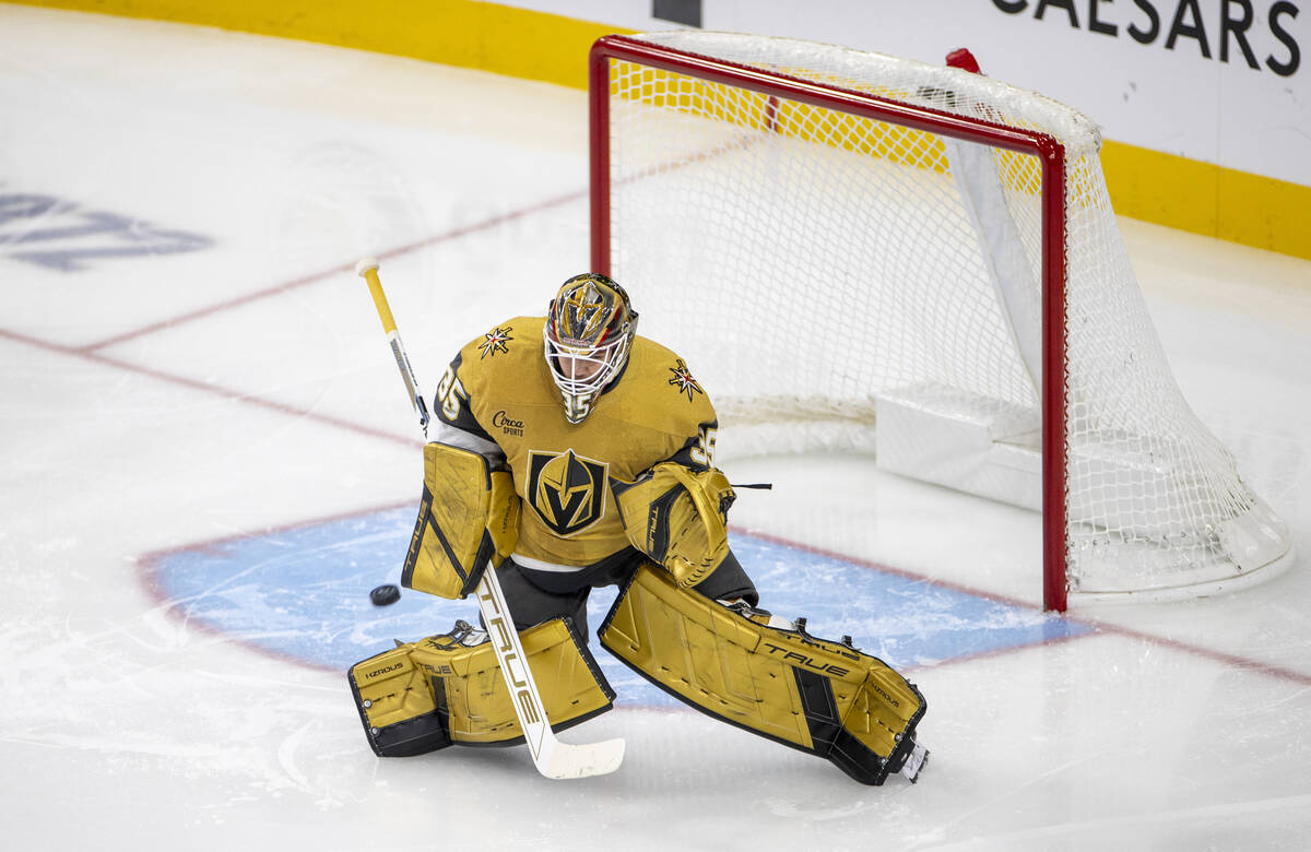 Golden Knights goaltender Ilya Samsonov (35) blocks a shot during the third period of the NHL h ...