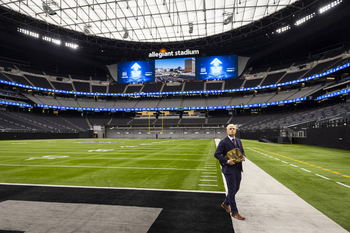 WWE superstar Cody Rhodes walks on the field at Allegiant Stadium on Wednesday, Oct. 23, 2024, ...