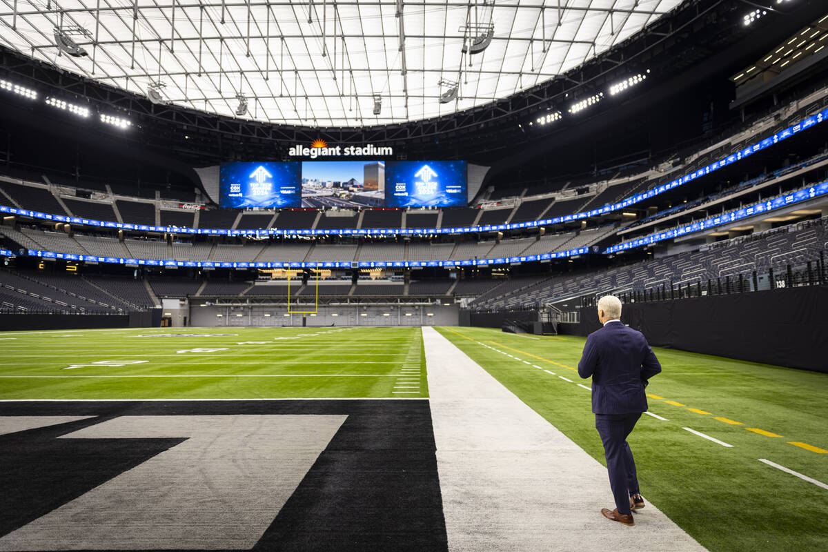 WWE superstar Cody Rhodes walks onto the field at Allegiant Stadium on Wednesday, Oct. 23, 2024 ...