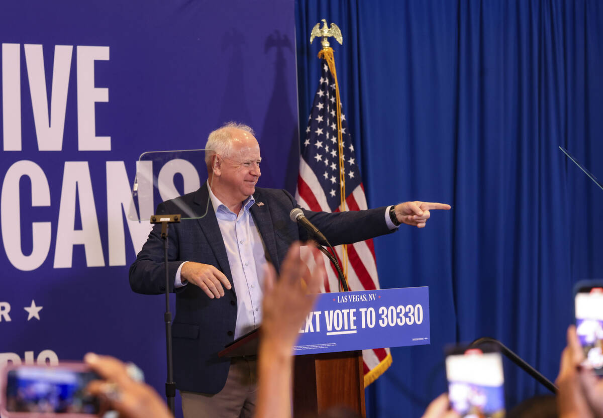 Democratic vice presidential candidate Tim Walz addresses the crowd at a "Native Americans ...