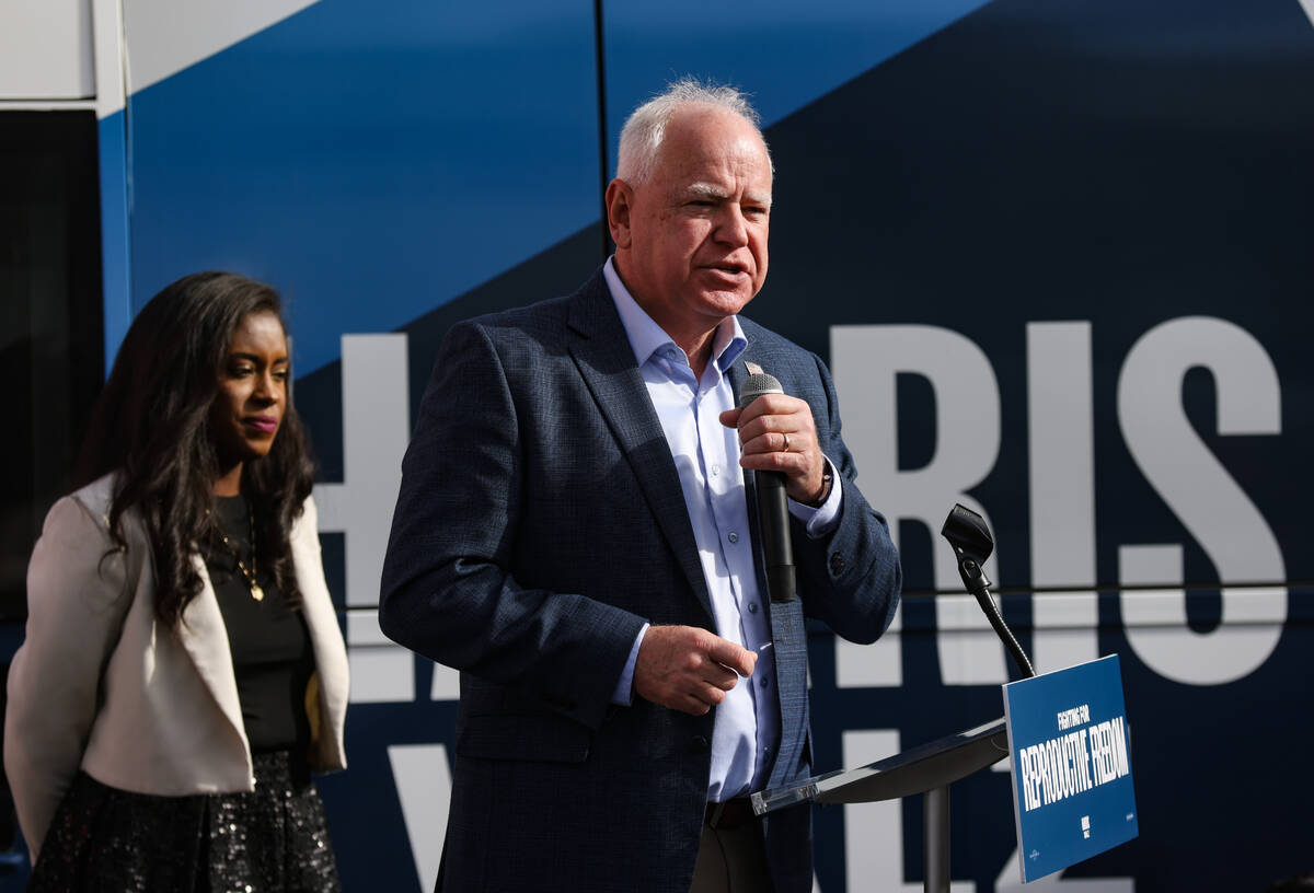 Democratic vice presidential nominee Tim Walz addresses the crowd at a Harris-Walz campaign&#x2 ...