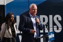 Democratic vice presidential nominee Tim Walz addresses the crowd at a Harris-Walz campaign&#x2 ...