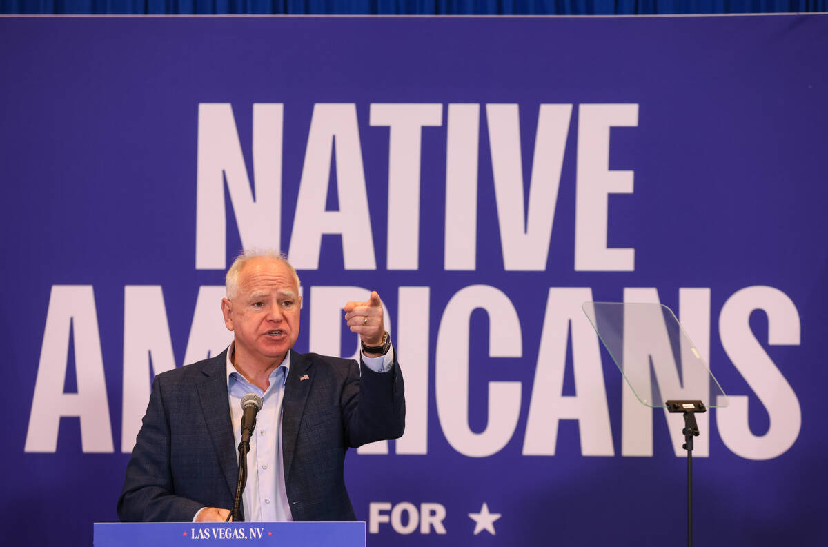 Democratic vice presidential candidate Tim Walz addresses the crowd at a “Native America ...