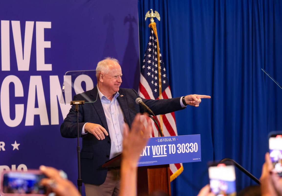 Democratic vice presidential candidate Tim Walz addresses the crowd at a “Native Americans fo ...