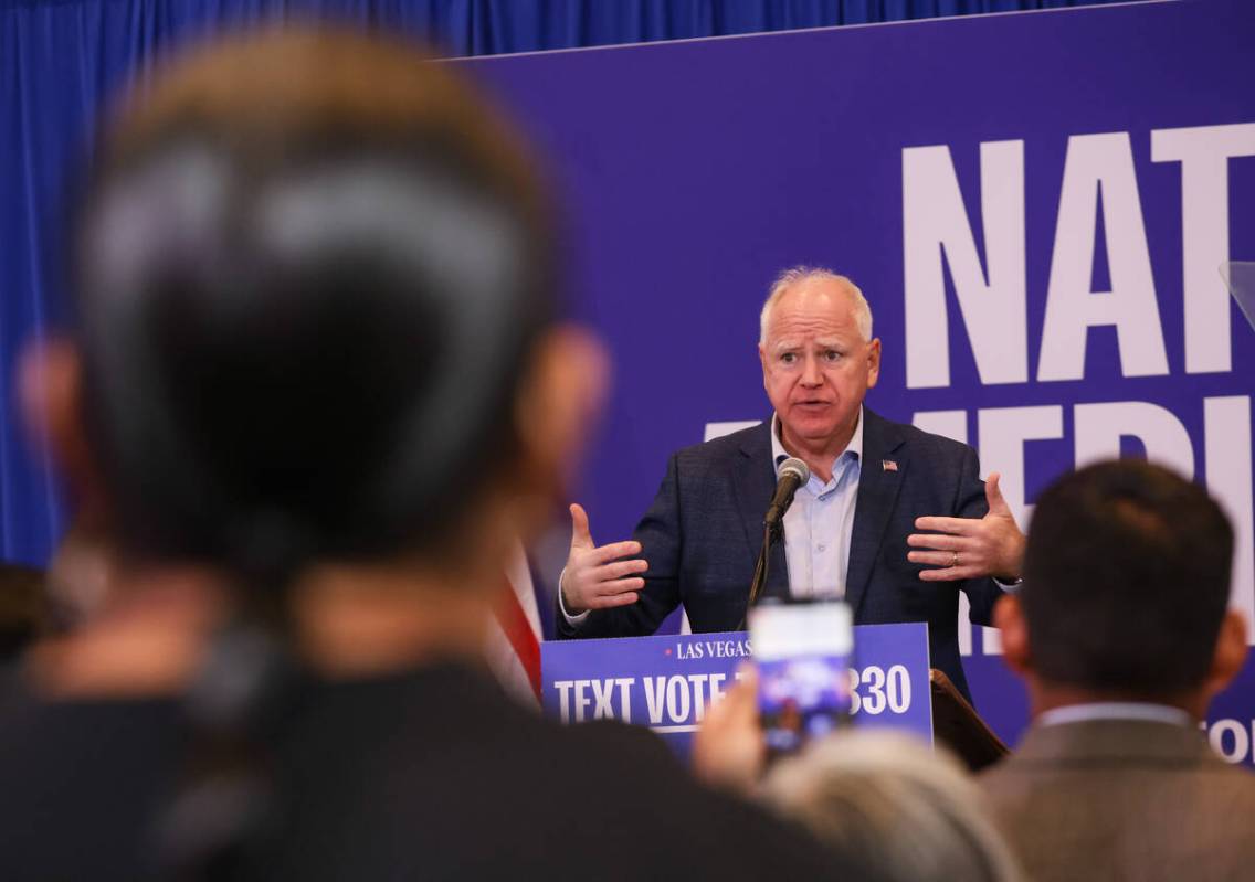 Democratic vice presidential candidate Tim Walz addresses the crowd at a “Native Americans fo ...