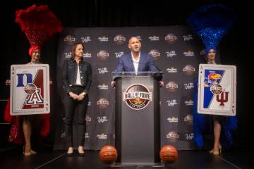 Owner of Position Sports Todd Delano, right, speaks during the announcement of the 2027 Hall of ...