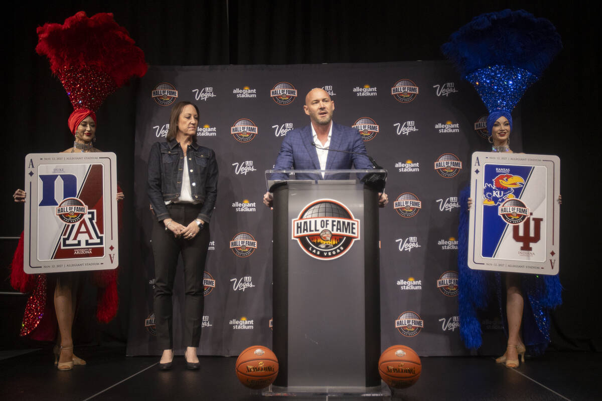 Owner of Position Sports Todd Delano, right, speaks during the announcement of the 2027 Hall of ...