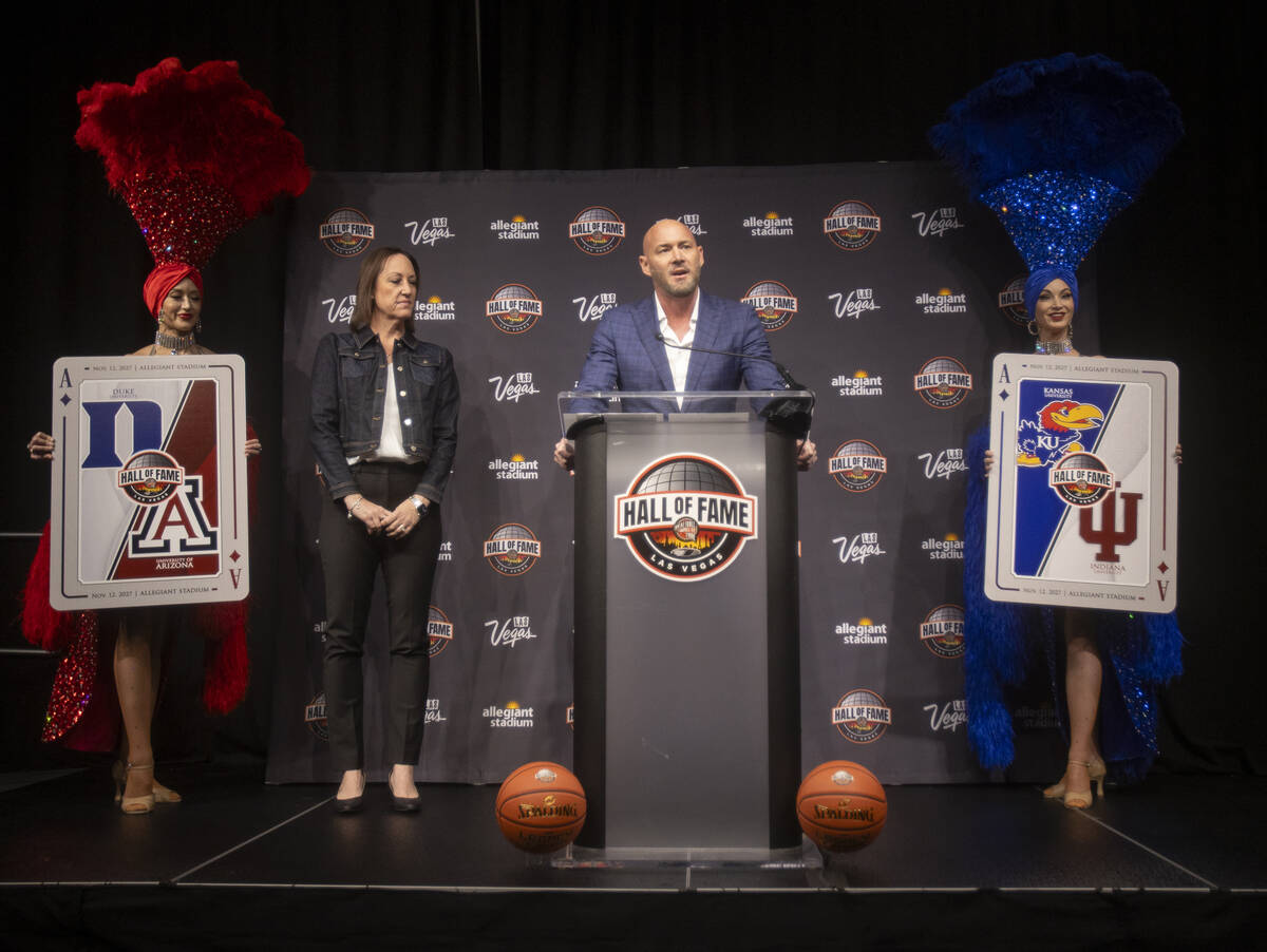 Owner of Position Sports Todd Delano, right, speaks during the announcement of the 2027 Hall of ...