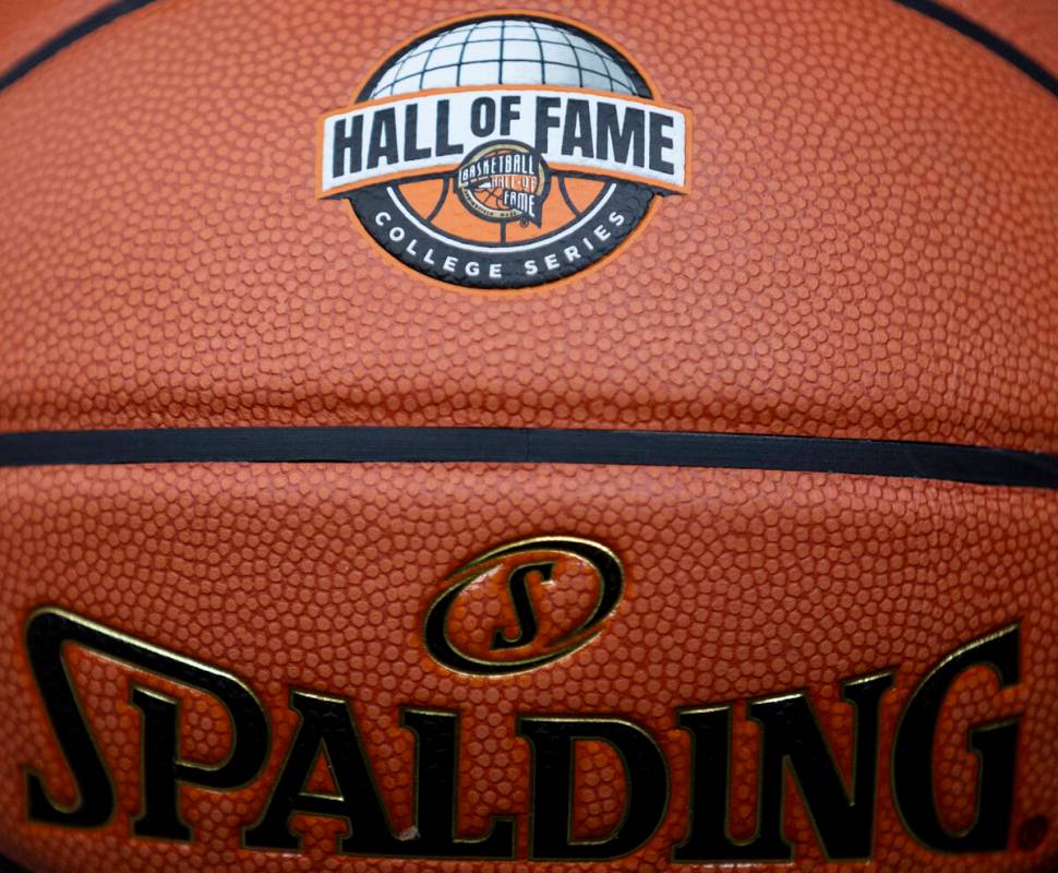 A basketball sits on display with the Hall of Fame logo during the announcement of the 2027 Hal ...