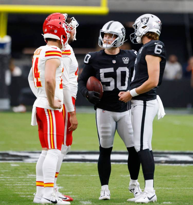 Kansas City Chiefs punter Matt Araiza (14) and long snapper James Winchester (41) chat with Rai ...