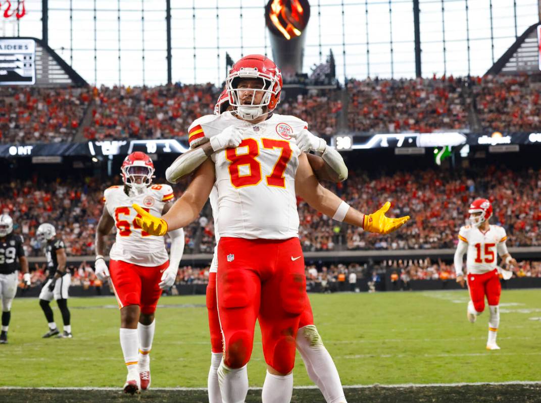 Kansas City Chiefs tight end Travis Kelce (87) reacts after scoring a touchdown during the firs ...