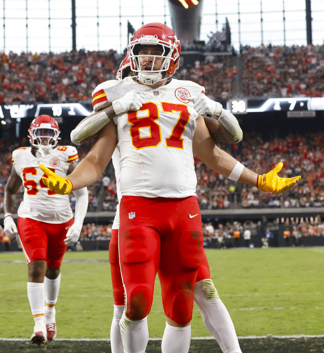 Kansas City Chiefs tight end Travis Kelce (87) reacts after scoring a touchdown during the firs ...