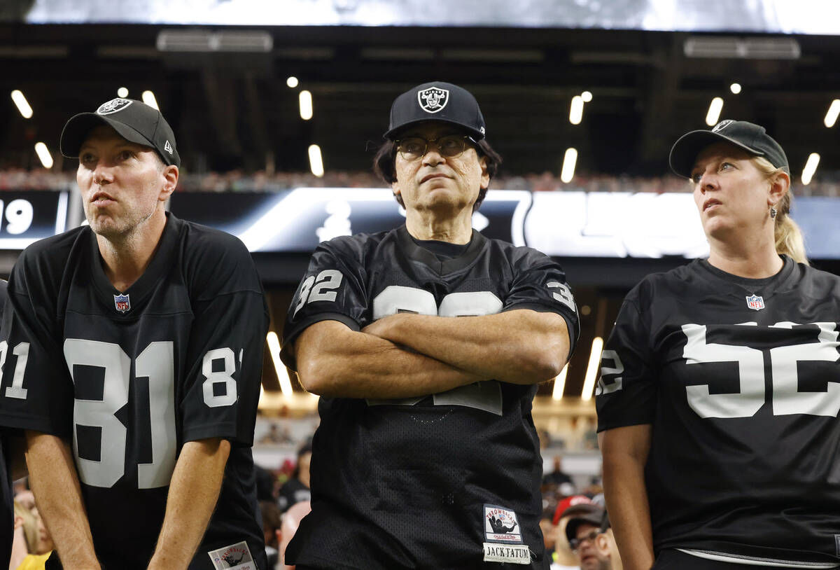 Raiders fans watch the last minutes of an NFL game against Kansas City Chiefs at Allegiant Stad ...