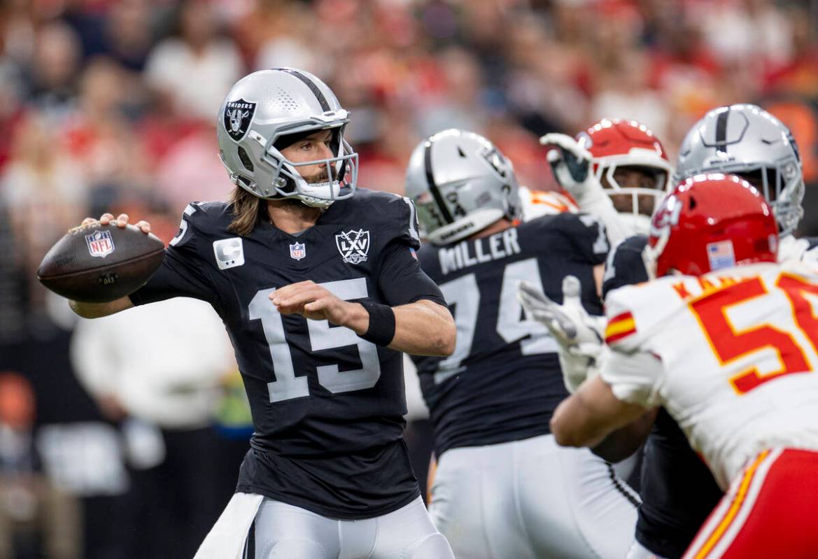 Raiders quarterback Gardner Minshew (15) looks to pass the ball during the first half of the NF ...