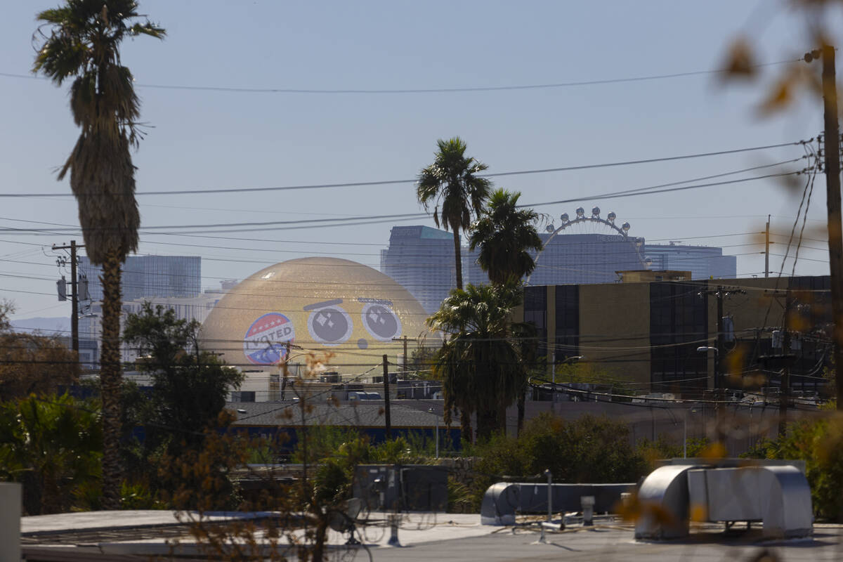 The Emoji is displayed on the Sphere on a windy Monday afternoon, Oct. 28, 2024, in Las Vegas. ...