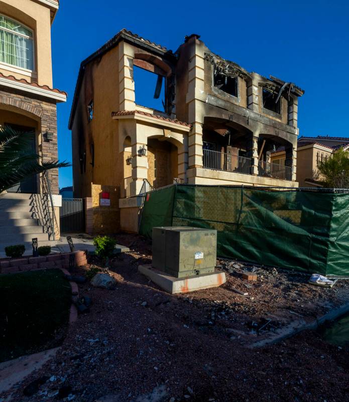 Exterior of fatal house fire at 8332 Langhorne Creek Street on Friday, Oct. 25, 2024, in Las Ve ...