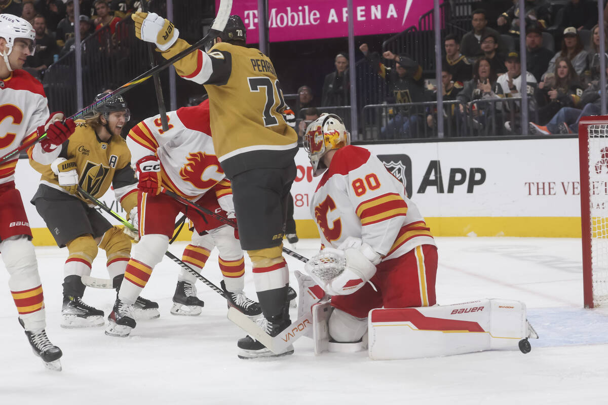 Golden Knights left wing Tanner Pearson (70) and center William Karlsson (71) react after a goa ...